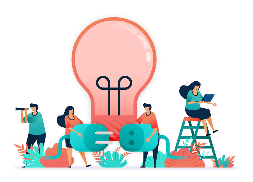 Light bulbs to light with electricity  connect plug and sockets   metaphor of  ideas, inspiration, teamwork   Creativity at business, independently in solving problem, brainstorming for solution